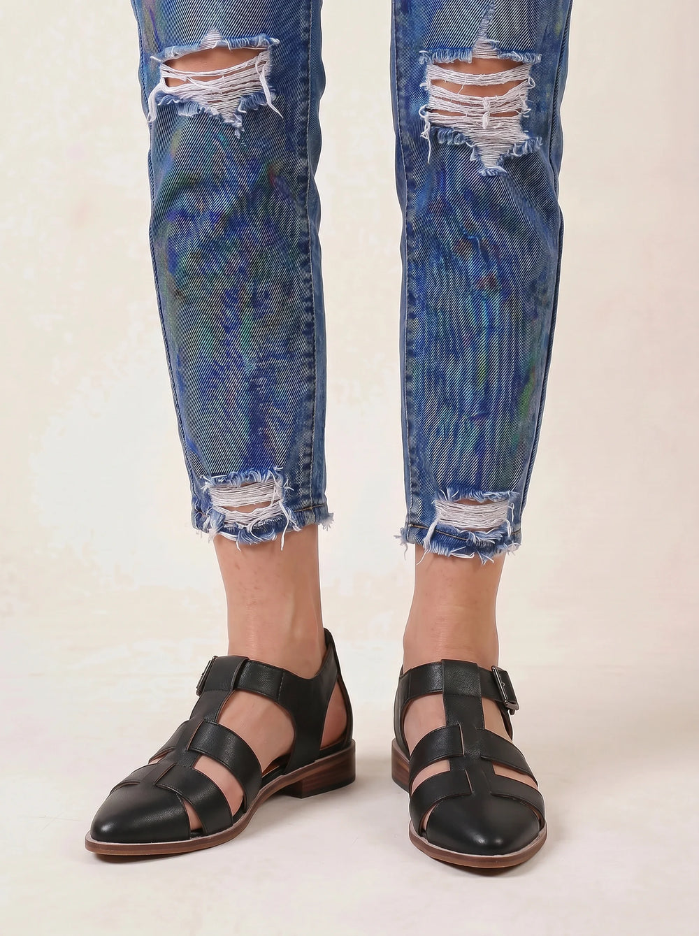 Women's Stylish Leather Cutout Ankle Strap Mary Jane Flats