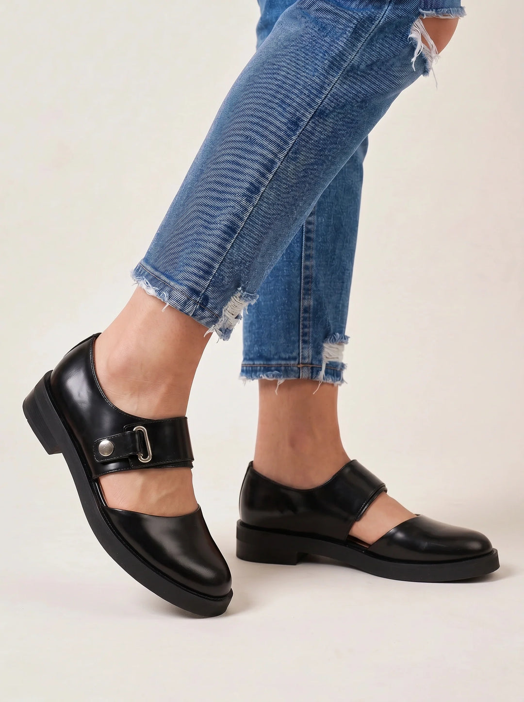 Women's Stylish Black Leather Platform Mary Jane Shoes