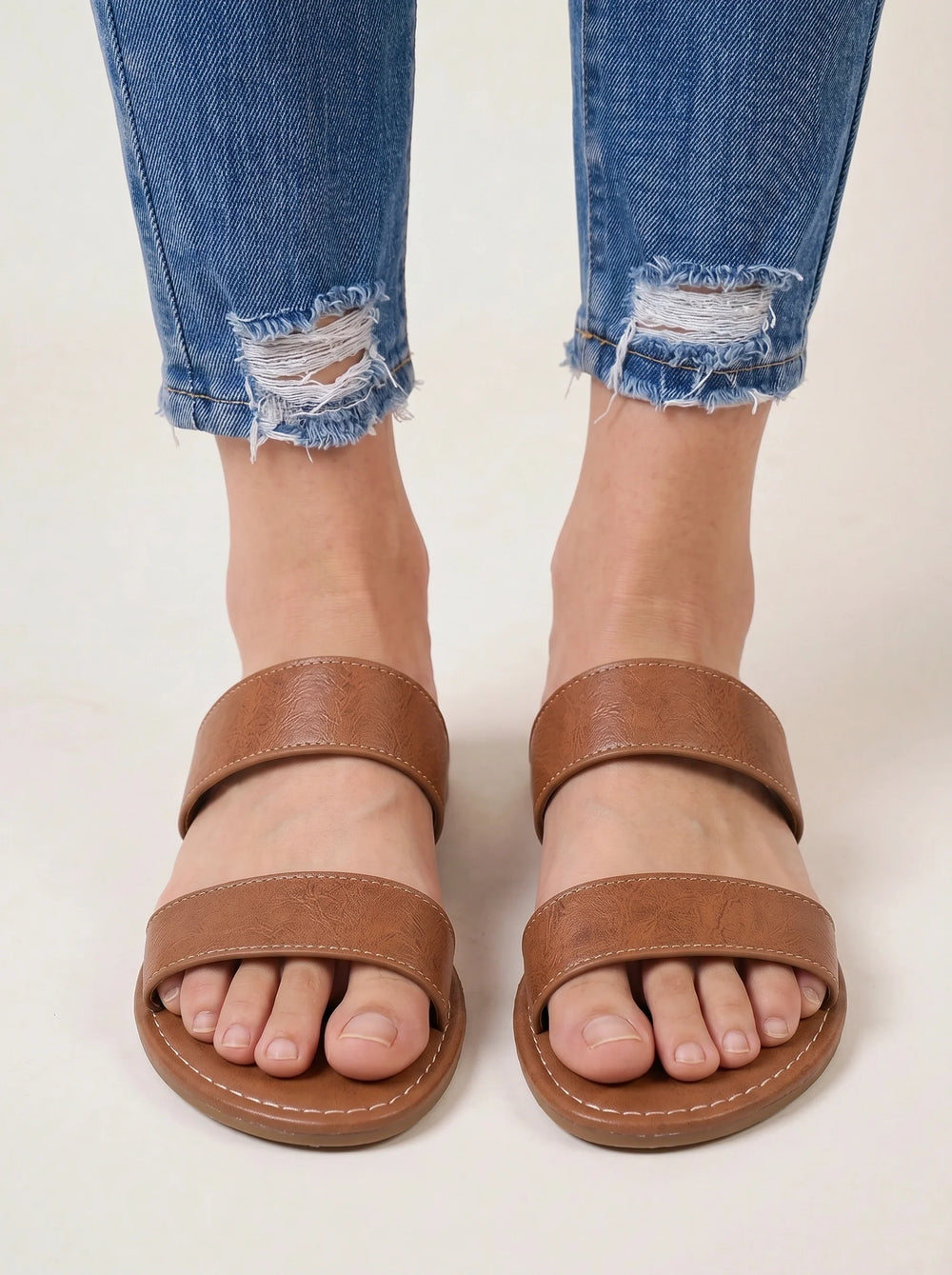 Women's Casual Leather Double-Strap Flat Slide Sandals Brown