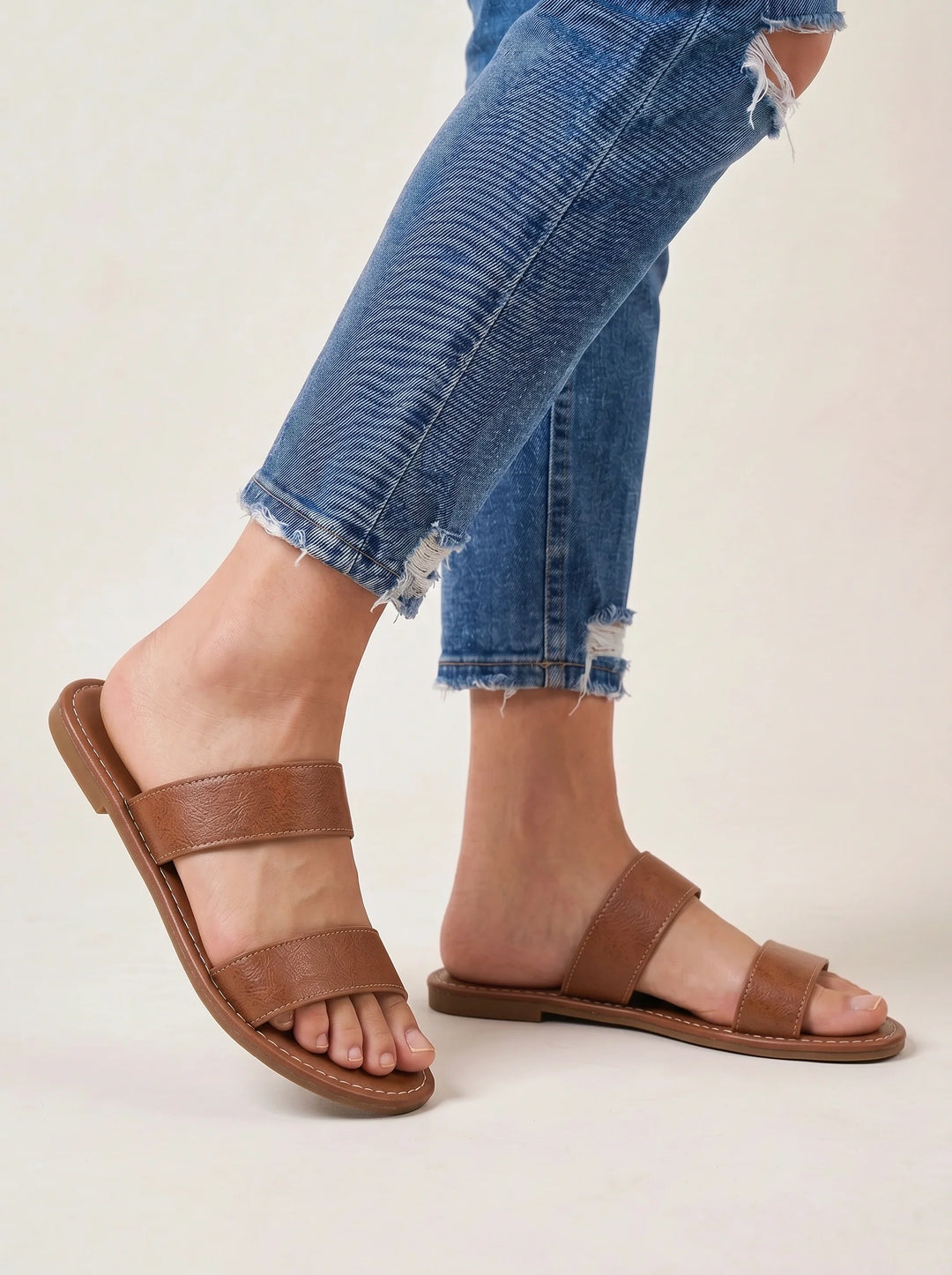 Women's Casual Leather Double-Strap Flat Slide Sandals Brown