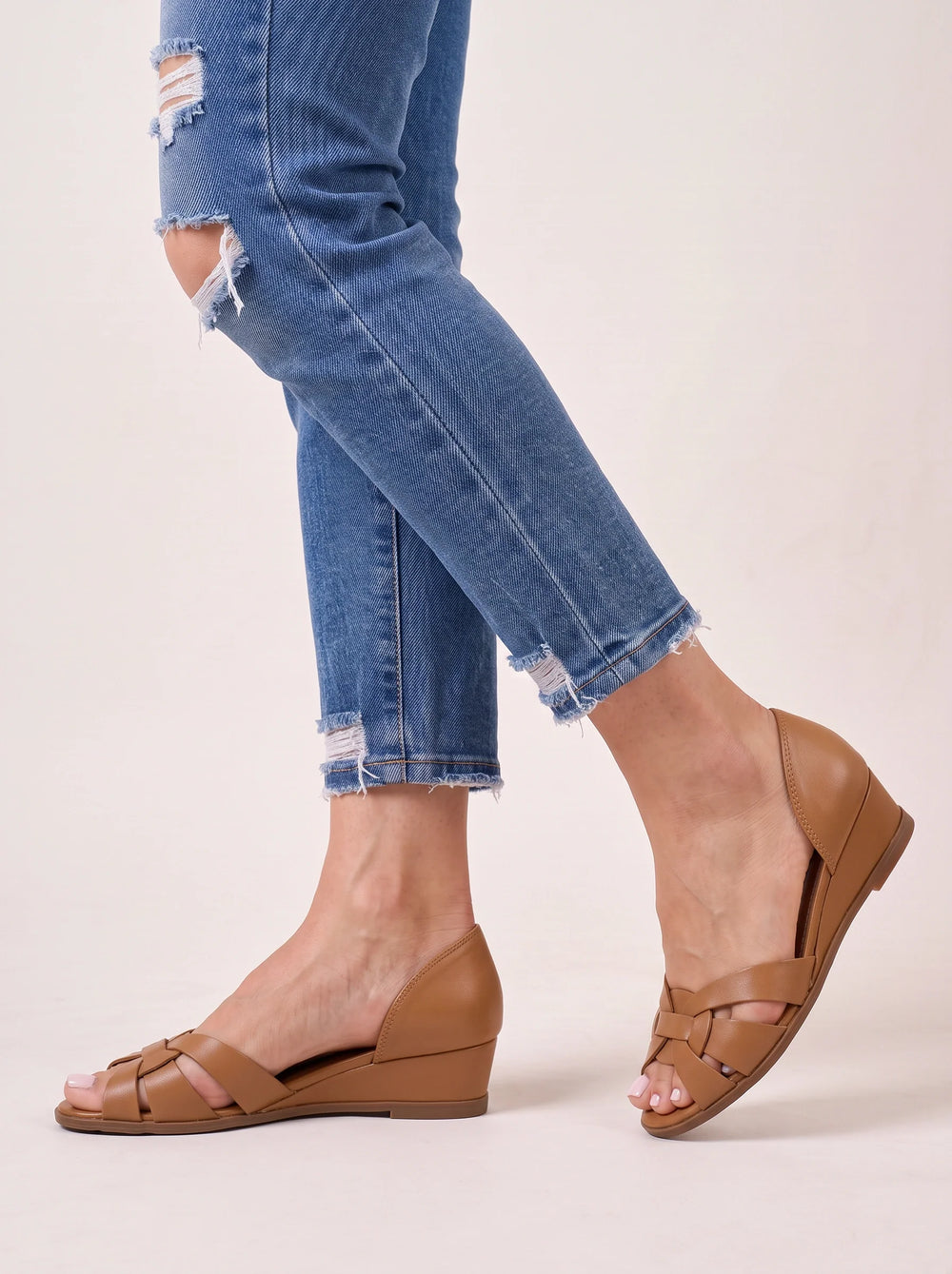 Women's Casual Leather Interwoven Strappy Peep Toe Flats