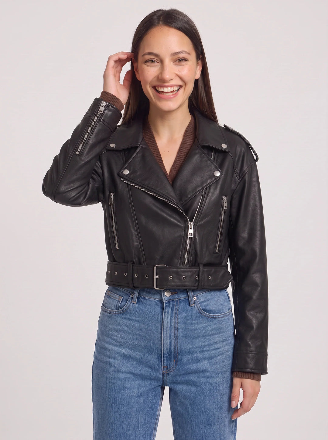 Women's Casual Leather Belted Cropped Moto Jacket