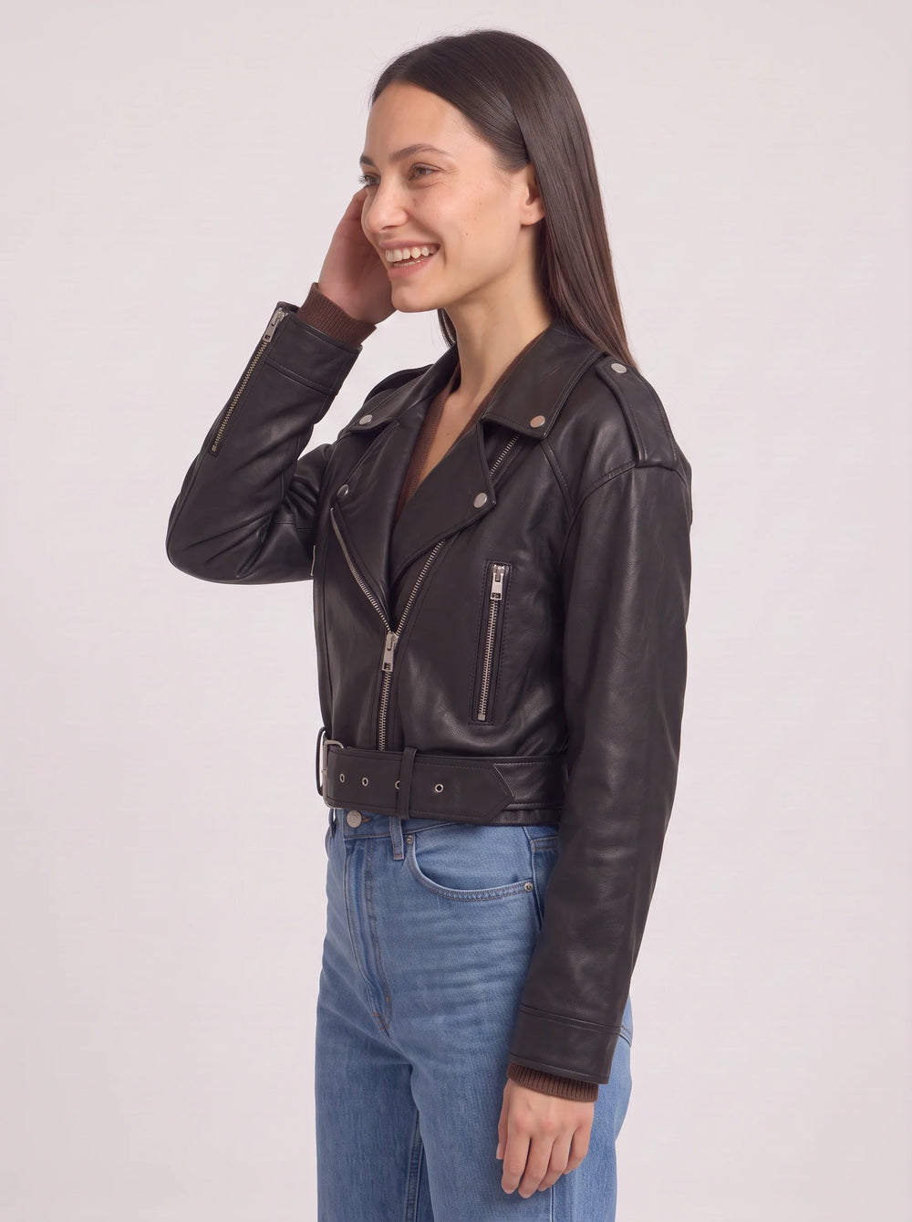 Women's Casual Leather Belted Cropped Moto Jacket