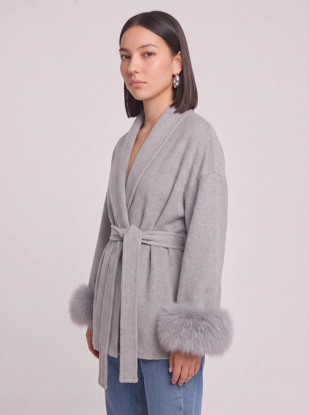 Women's Classic Wool Blend Belted Wrap Coat with Faux Fur Cuffs