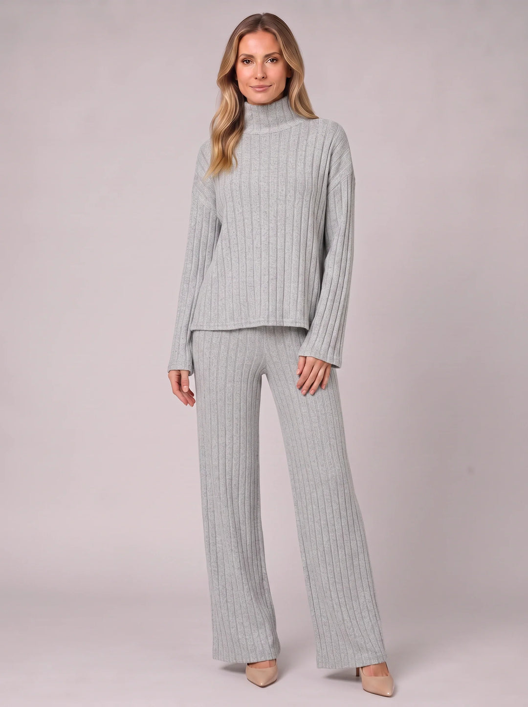 Women's Casual Ribbed Knit Turtleneck Lounge Set with Wide Leg