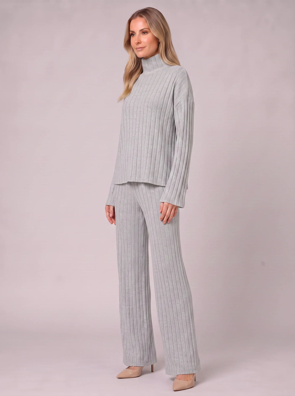 Women's Casual Ribbed Knit Turtleneck Lounge Set with Wide Leg