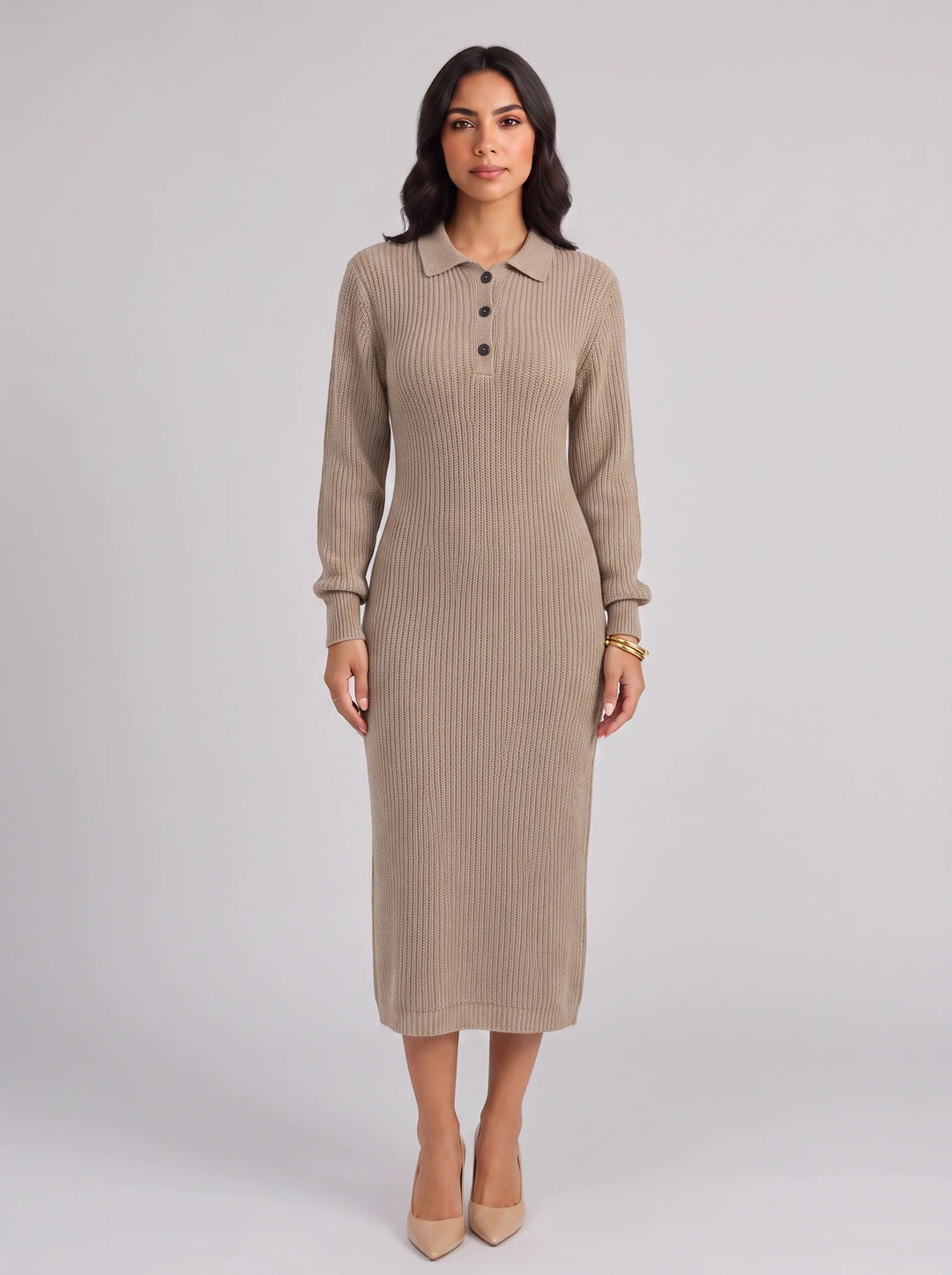 Women's Casual Ribbed Knit Polo Collar Midi Dress with Buttons