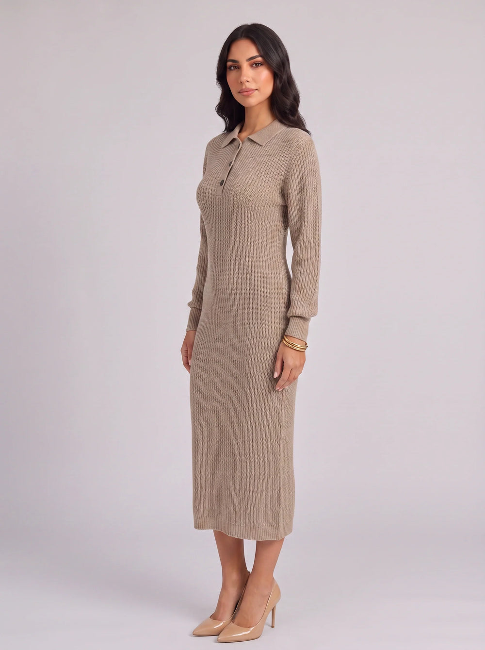 Women's Casual Ribbed Knit Polo Collar Midi Dress with Buttons