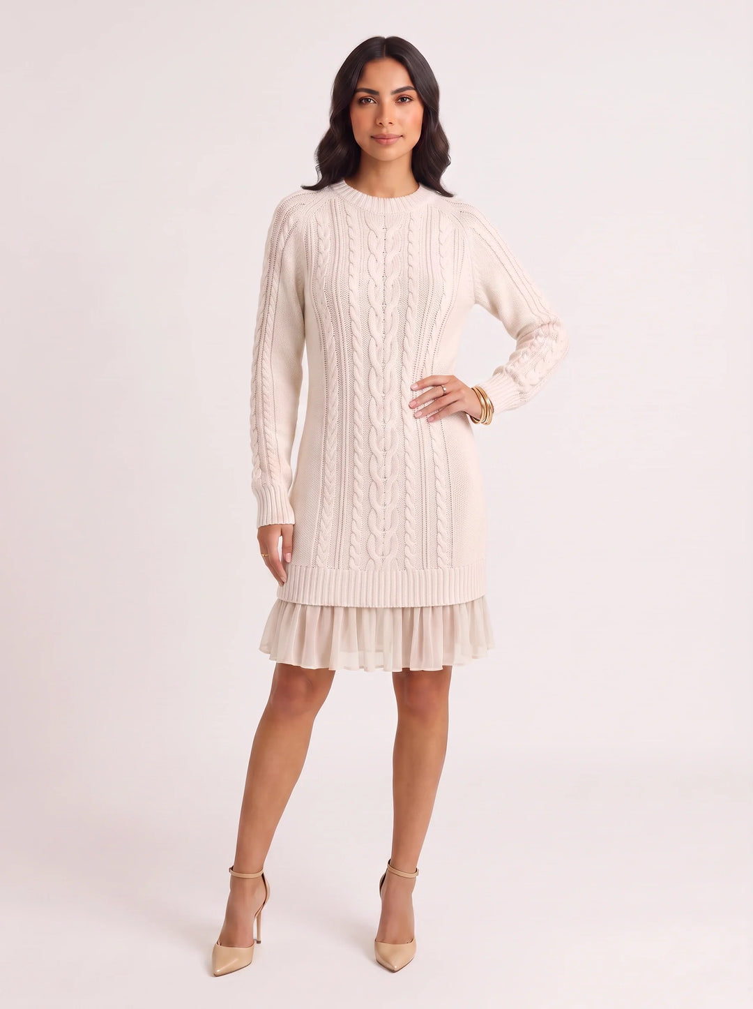 Women's Casual Cable-Knit Sweater Dress with Ruffle Hem