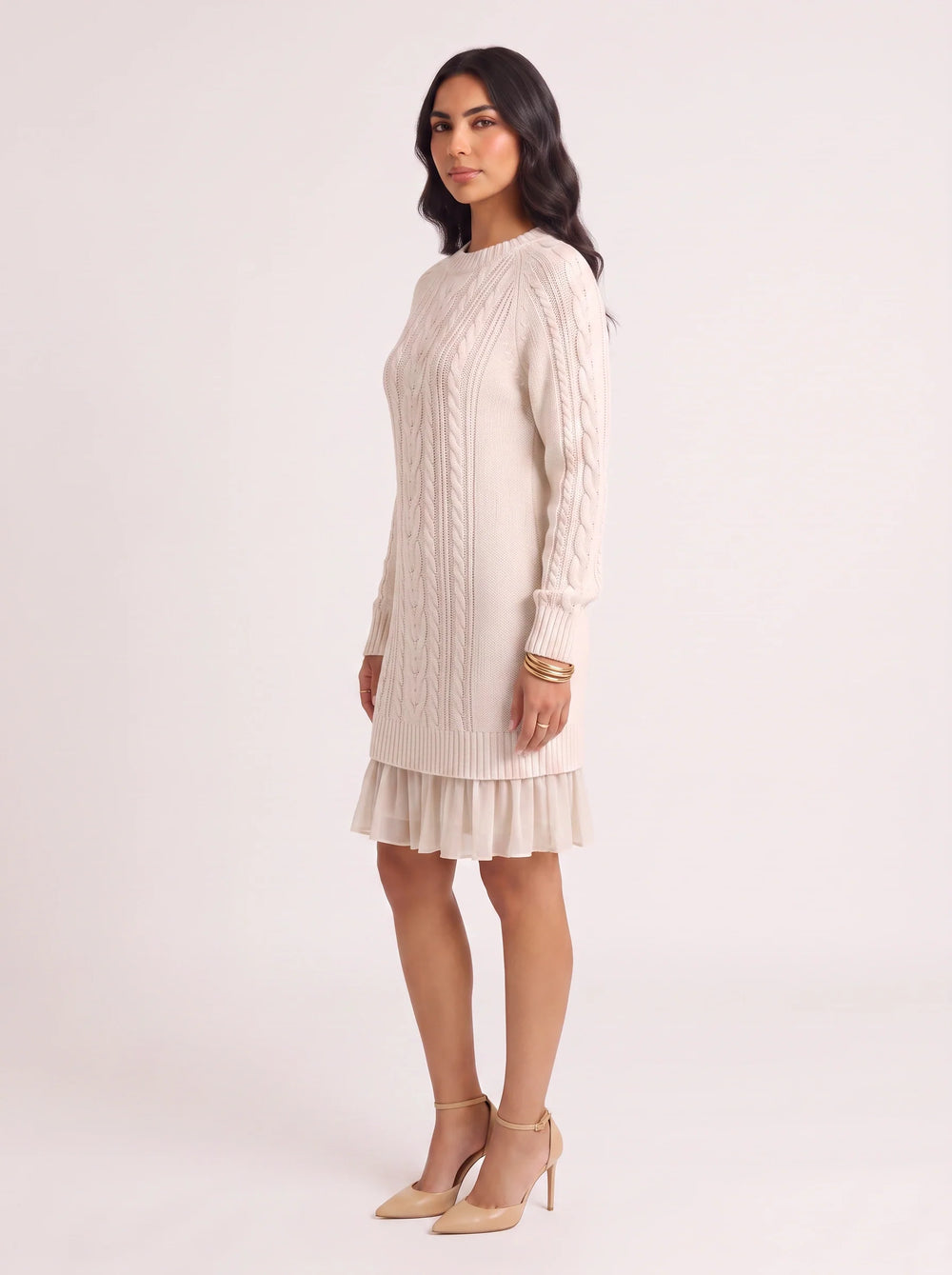 Women's Casual Cable-Knit Sweater Dress with Ruffle Hem