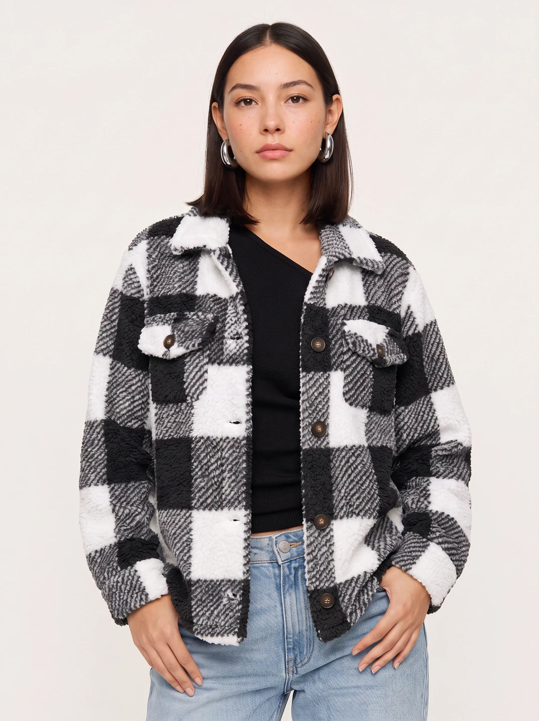 Women's Casual Oversized Sherpa Fleece Plaid Shacket Jacket