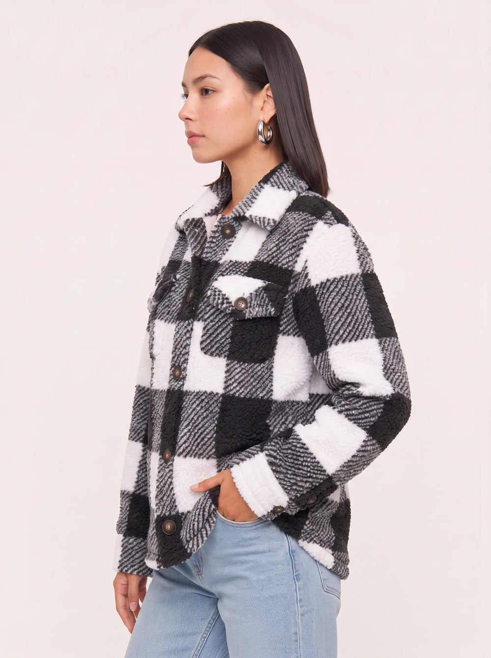 Women's Casual Oversized Sherpa Fleece Plaid Shacket Jacket