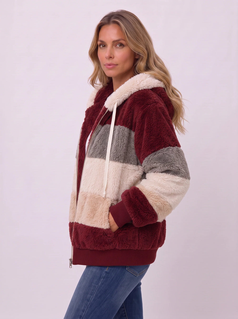 Women's Casual Faux Fur Hooded Sherpa Bomber Jacket