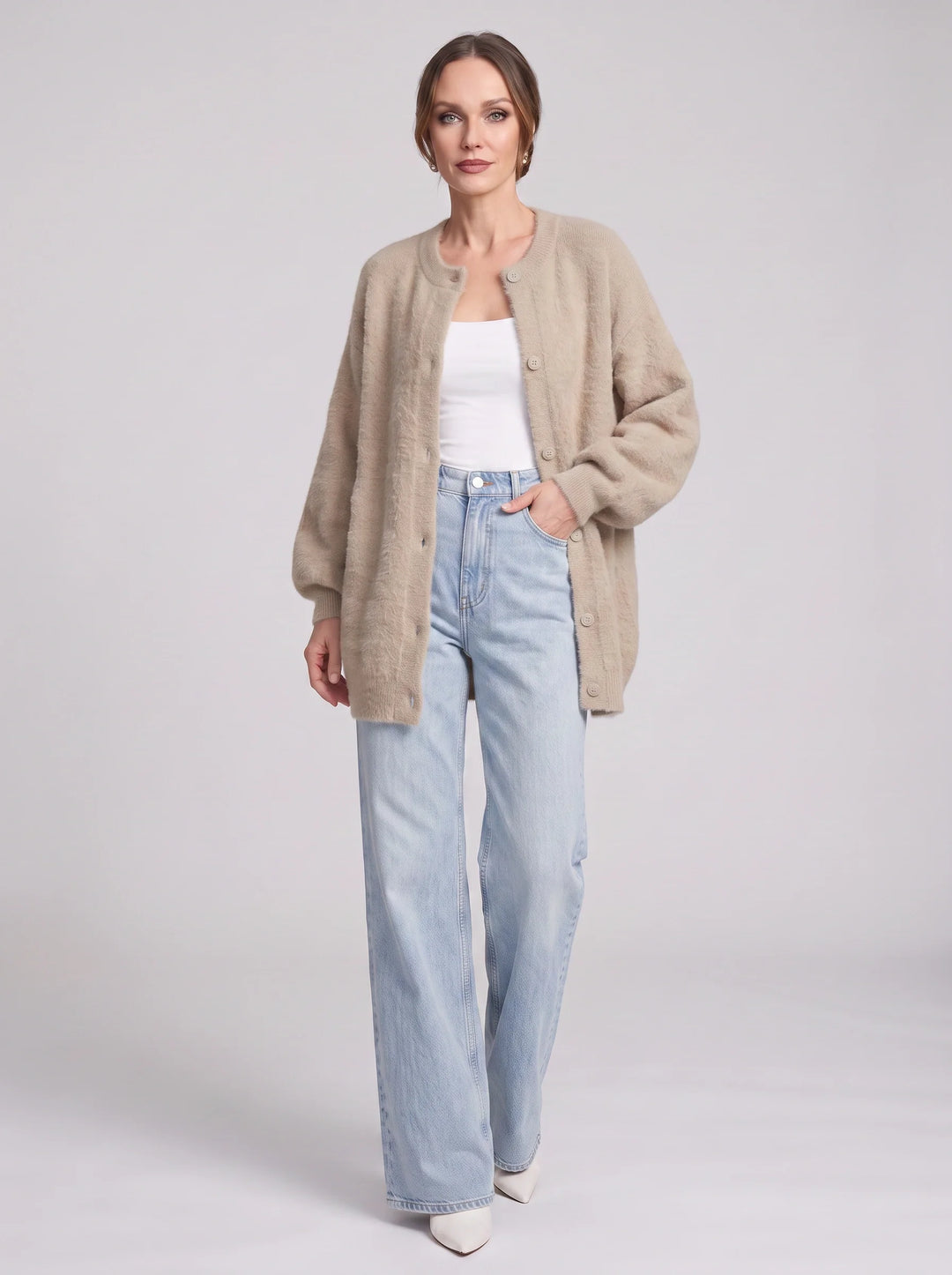 Women's Oversized Wool Longline Button Front Cardigan Sweater
