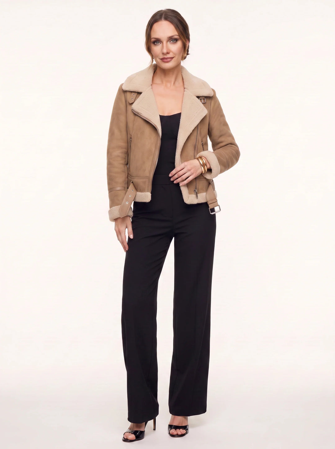 Women's Classic Faux Fur Lined Shearling Aviator Jacket