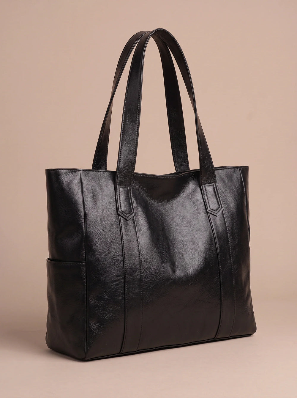 Women's Classic Leather Structured Shoulder Tote Bag with Side Pocket