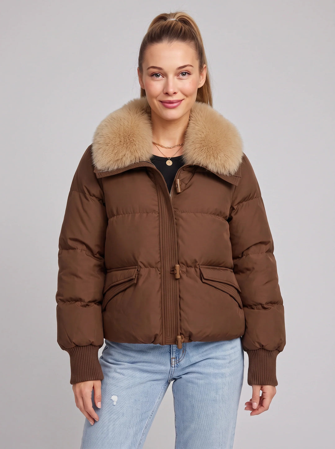 Women's Casual Waterproof Insulated Faux-Fur Collar Puffer Jacket