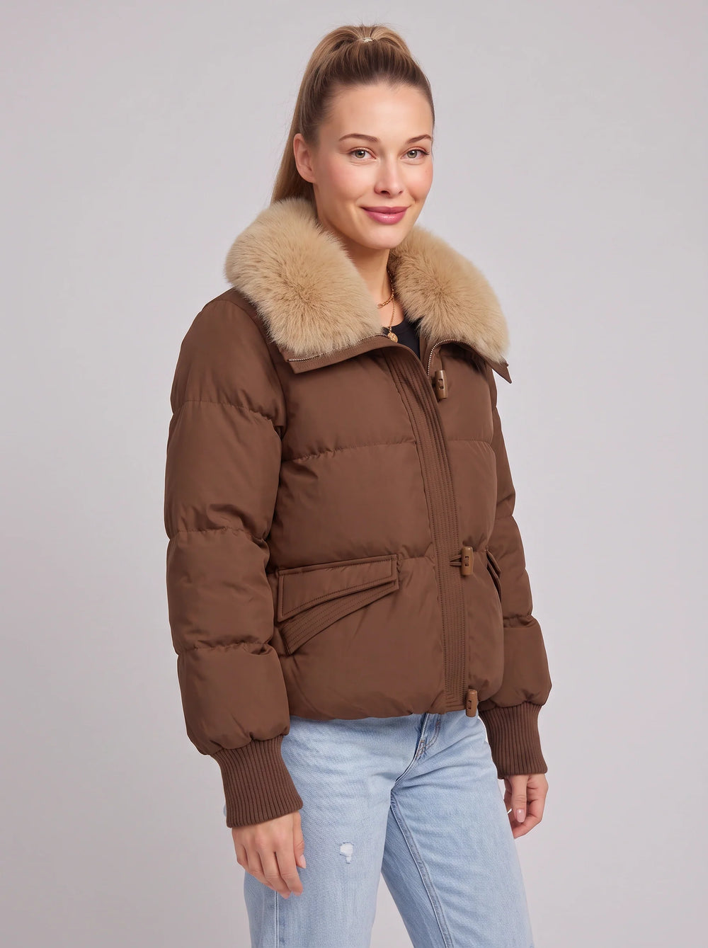 Women's Casual Waterproof Insulated Faux-Fur Collar Puffer Jacket