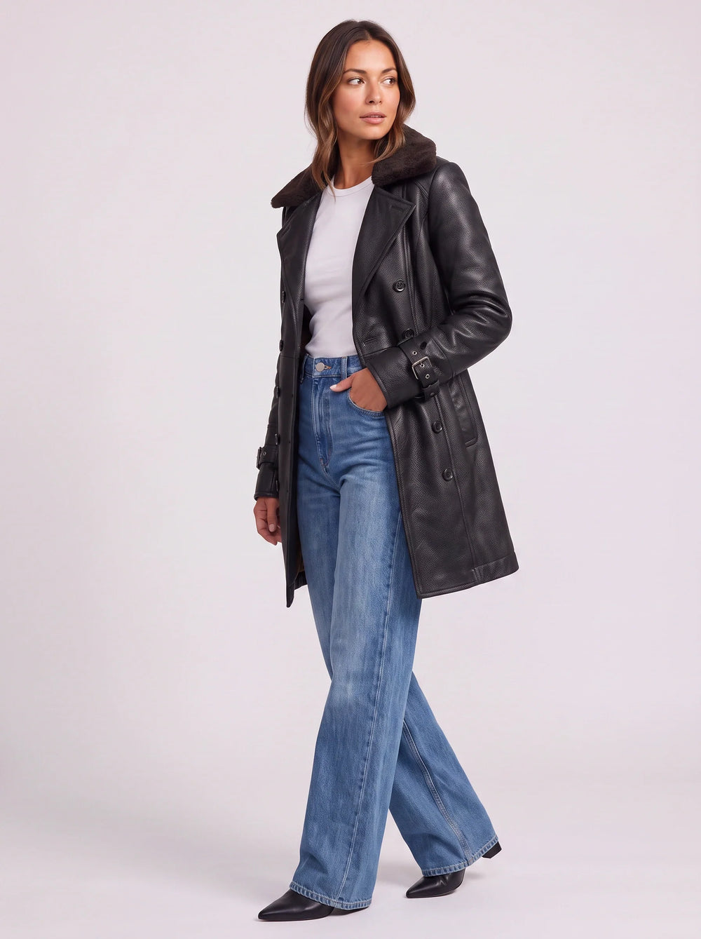Women's Classic Faux Leather Double-Breasted Longline Trench Coat