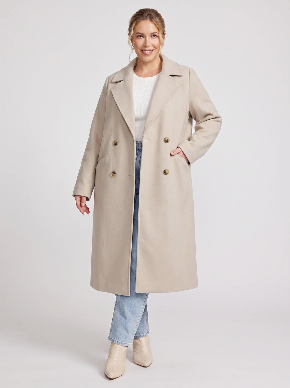 Women's Classic Wool Double-Breasted Tailored Longline Coat