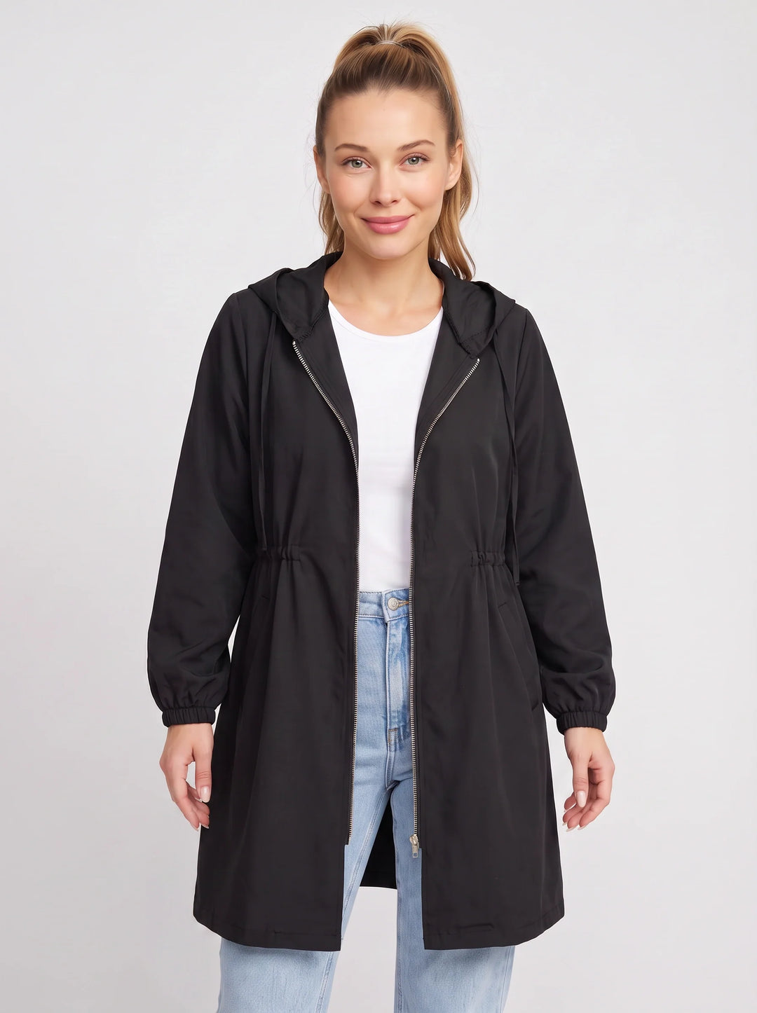 Women's Lightweight Hooded Drawcord Longline Rain Jacket