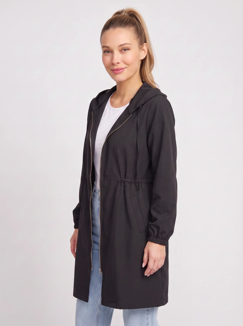 Women's Lightweight Hooded Drawcord Longline Rain Jacket