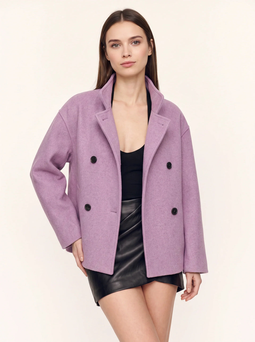 Women's Classic Wool Double-Breasted High-Neck Blazer Jacket