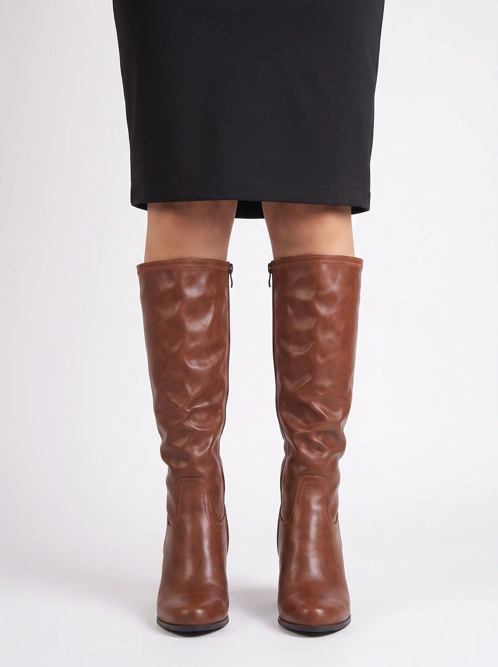 Women's Stylish Leather Knee High Block Heel Boots with Side Zip