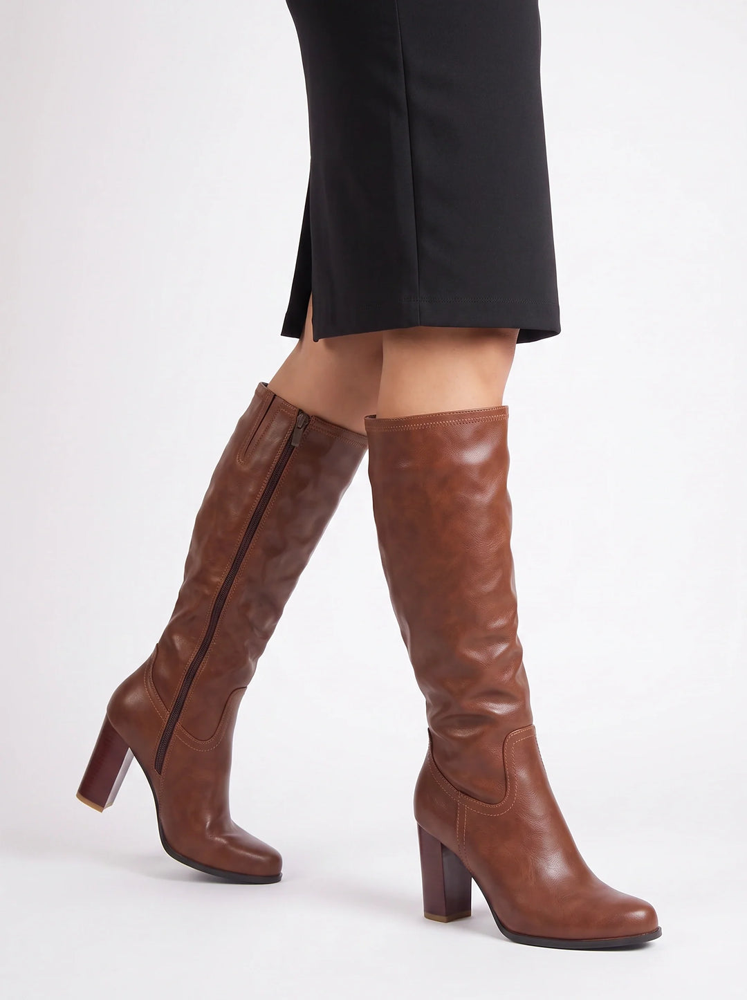 Women's Stylish Leather Knee High Block Heel Boots with Side Zip