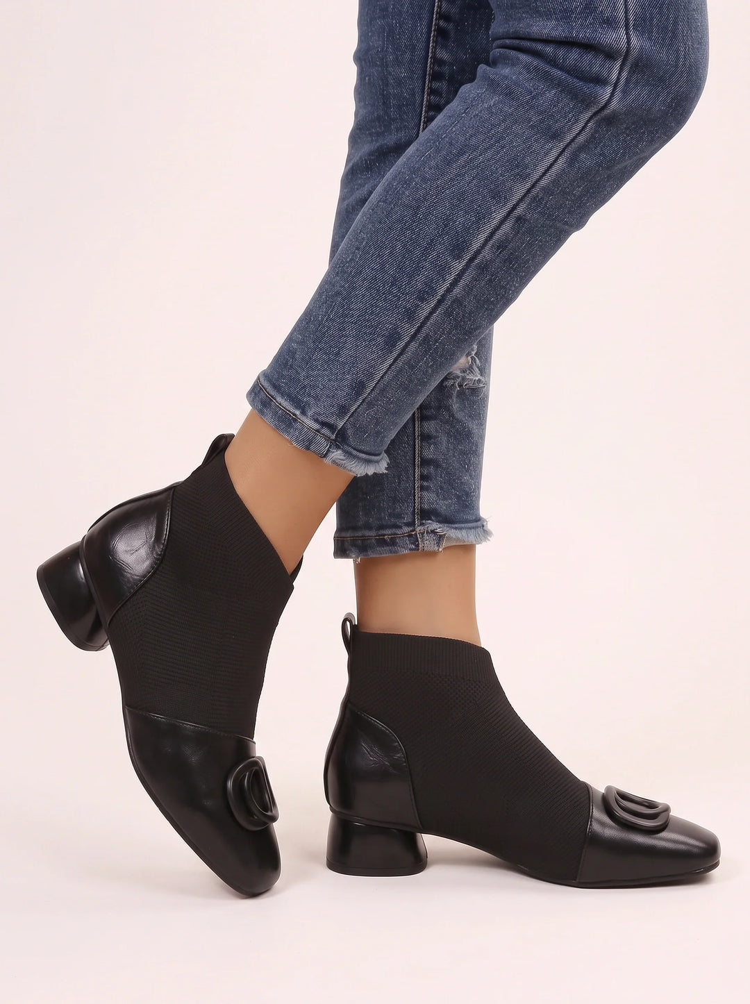 Women's Stylish Leather Square Toe Kitten Heel Ankle Boots