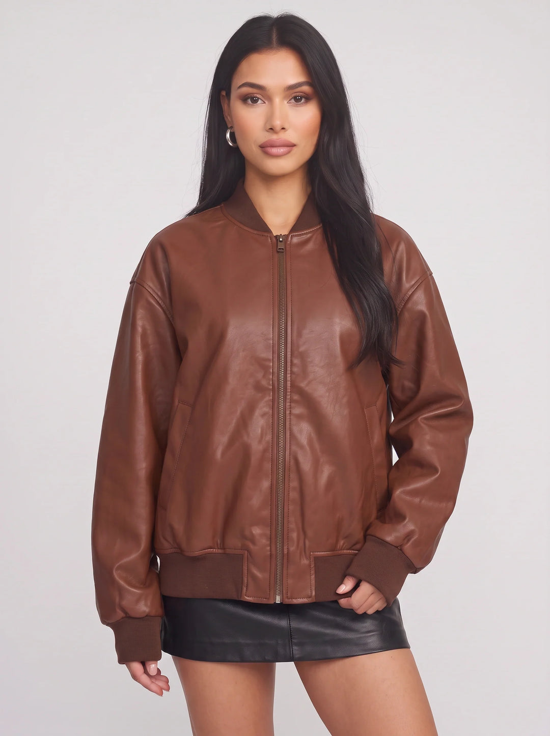 Women's Casual Oversized Leather Bomber Jacket with Ribbed Trim