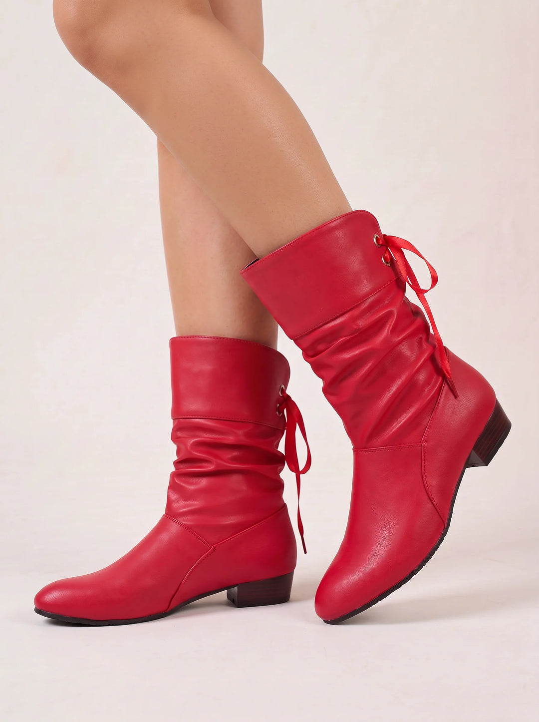 Women's Stylish Faux Leather Ruched Mid-Calf Lace-Up Boots