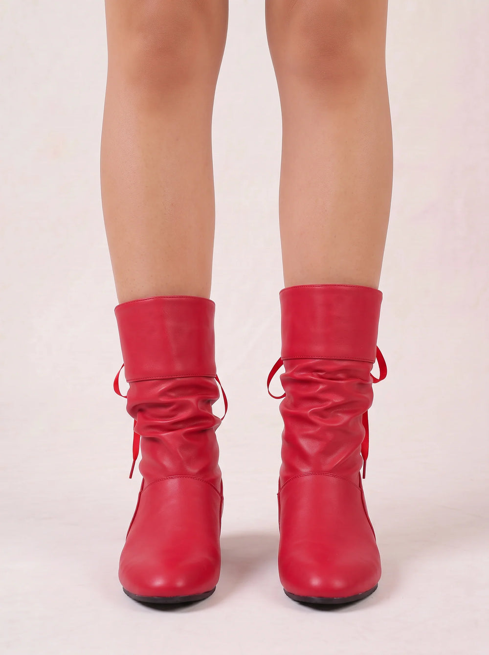 Women's Stylish Faux Leather Ruched Mid-Calf Lace-Up Boots
