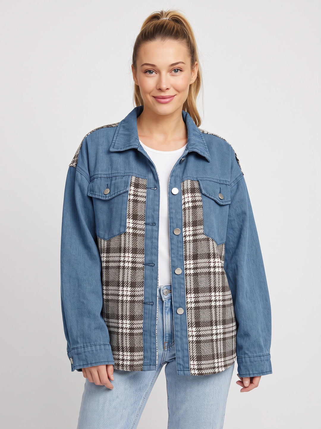 Women's Casual Oversized Denim Plaid Shirt Jacket