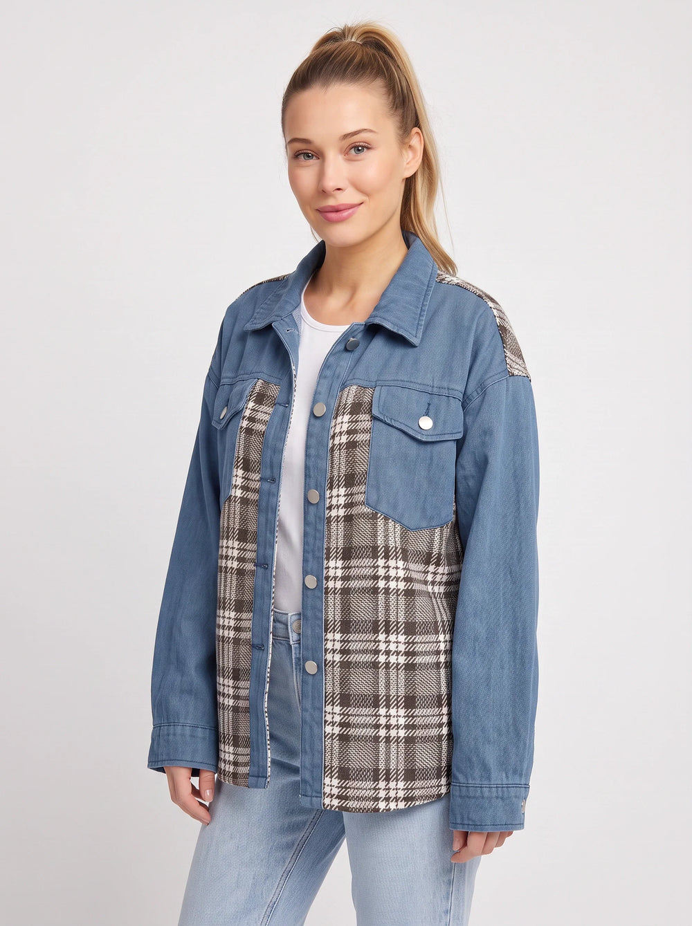 Women's Casual Oversized Denim Plaid Shirt Jacket