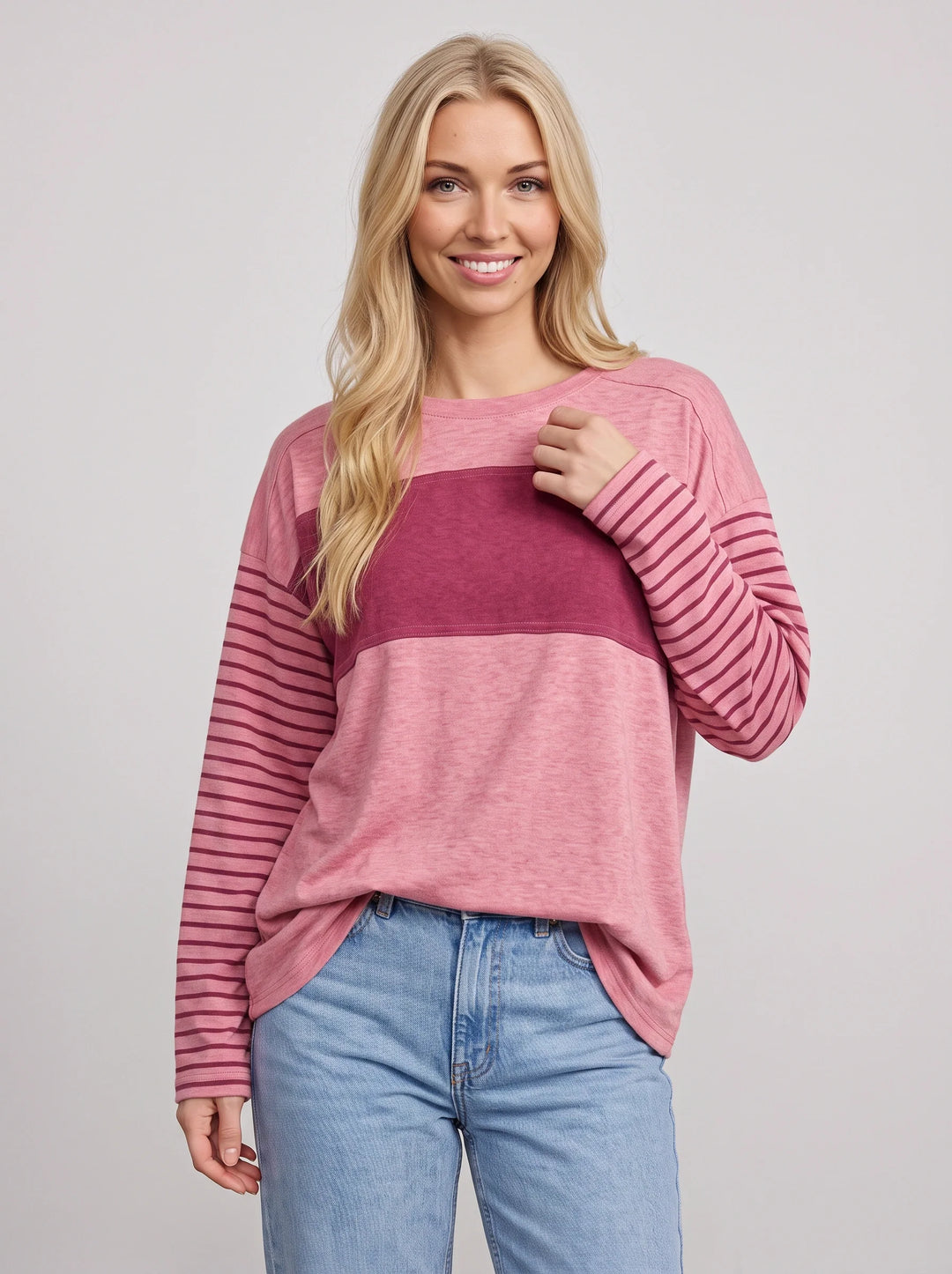 Women's Casual Cotton Blend Relaxed Fit Striped Long Sleeve Top