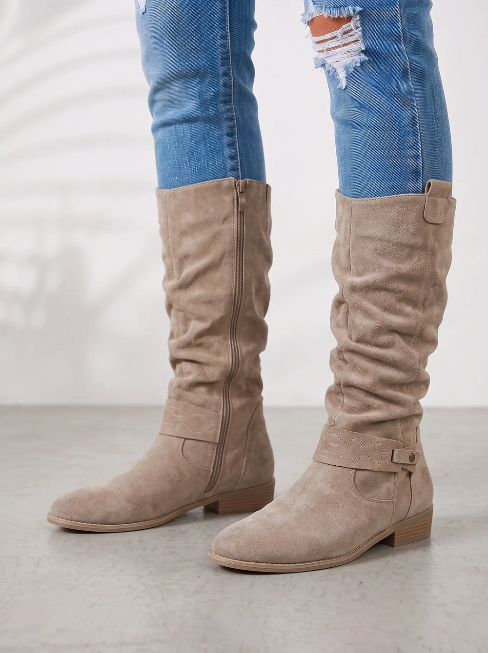 Women's Casual Suede Slouch Knee High Riding Boots with Block Heel