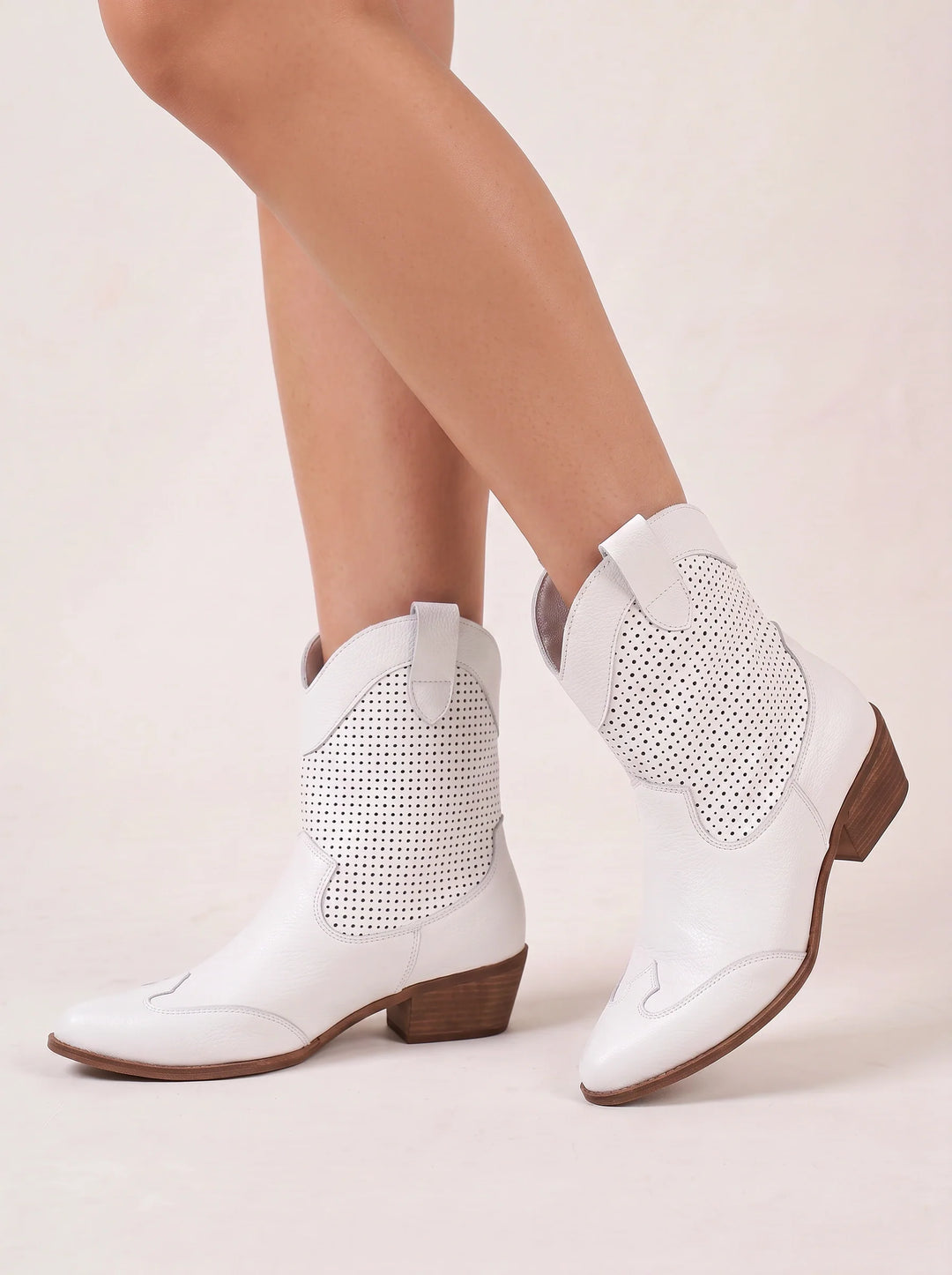 Women's Classic Perforated Leather Western Ankle Boots with Block Heel