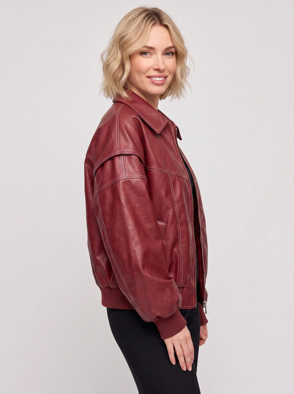 Women's Casual Oversized Leather Bomber Jacket with Ribbed Cuffs