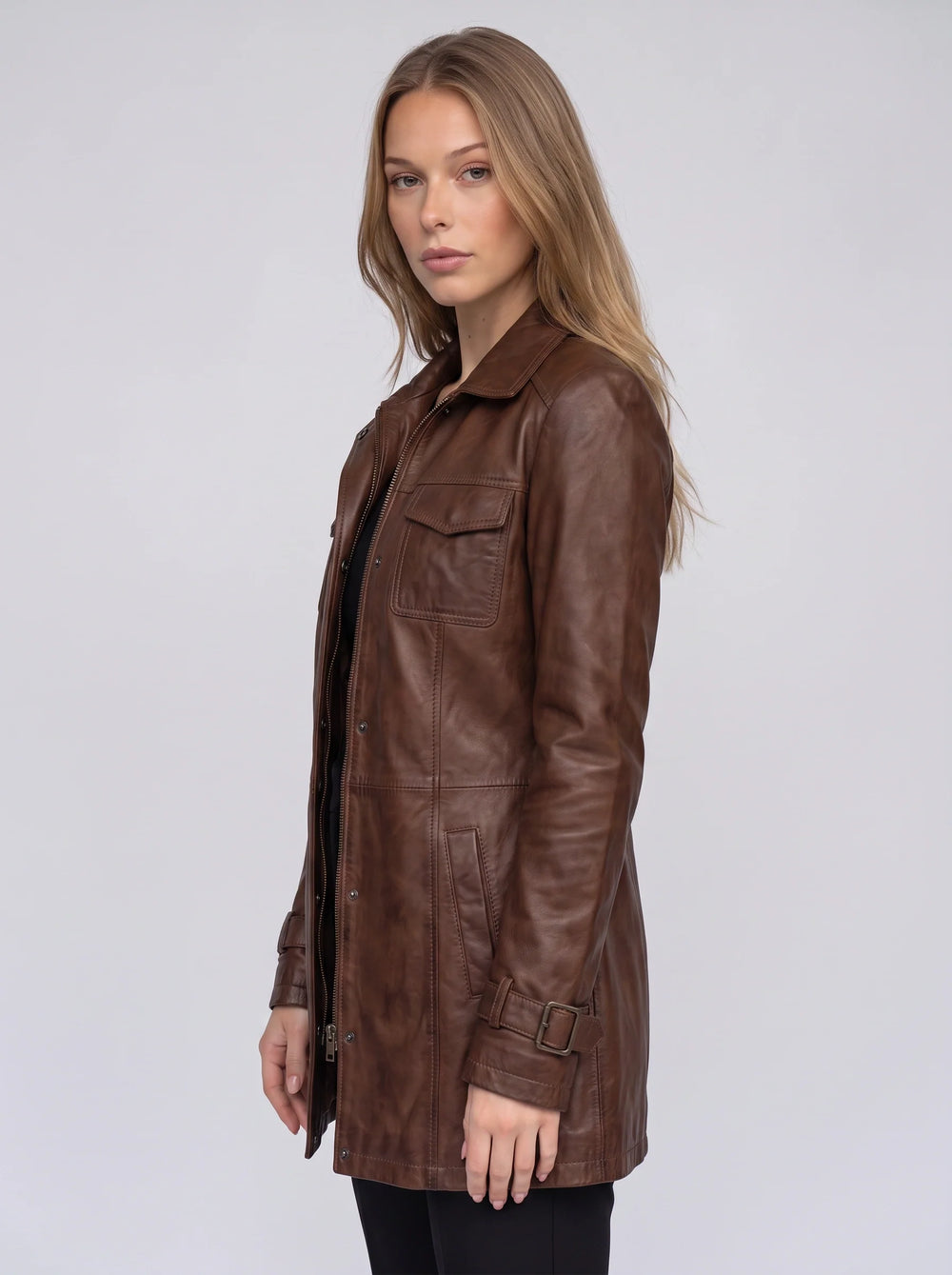 Women's Casual Leather Longline Utility Jacket with Zip Pockets
