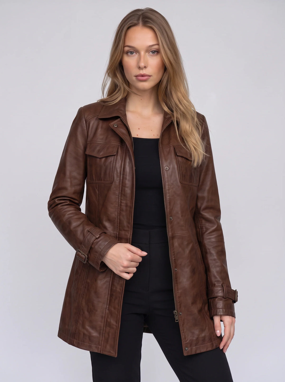 Women's Casual Leather Longline Utility Jacket with Zip Pockets