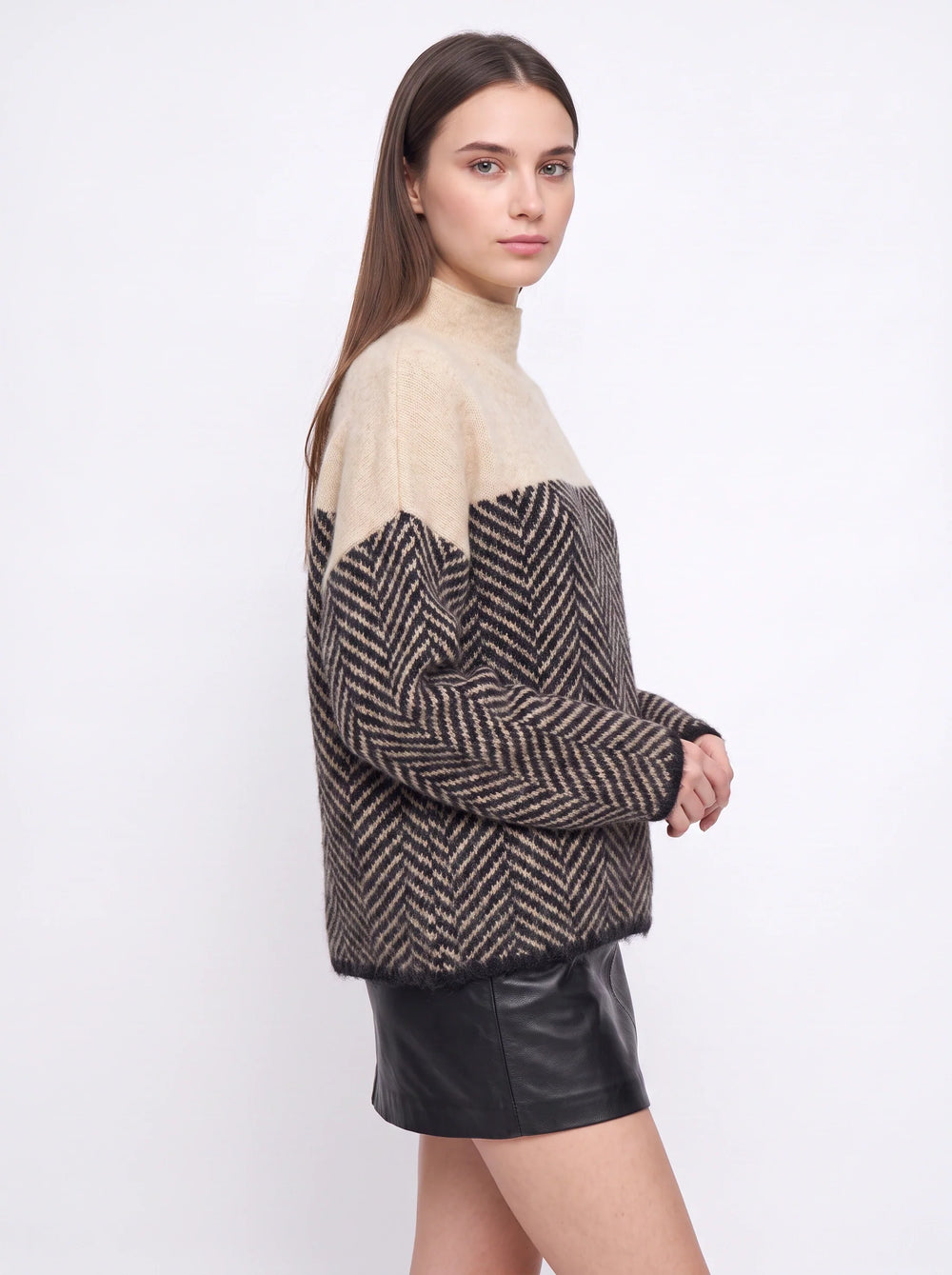 Women's Oversized Chevron Knit Mock Neck Sweater