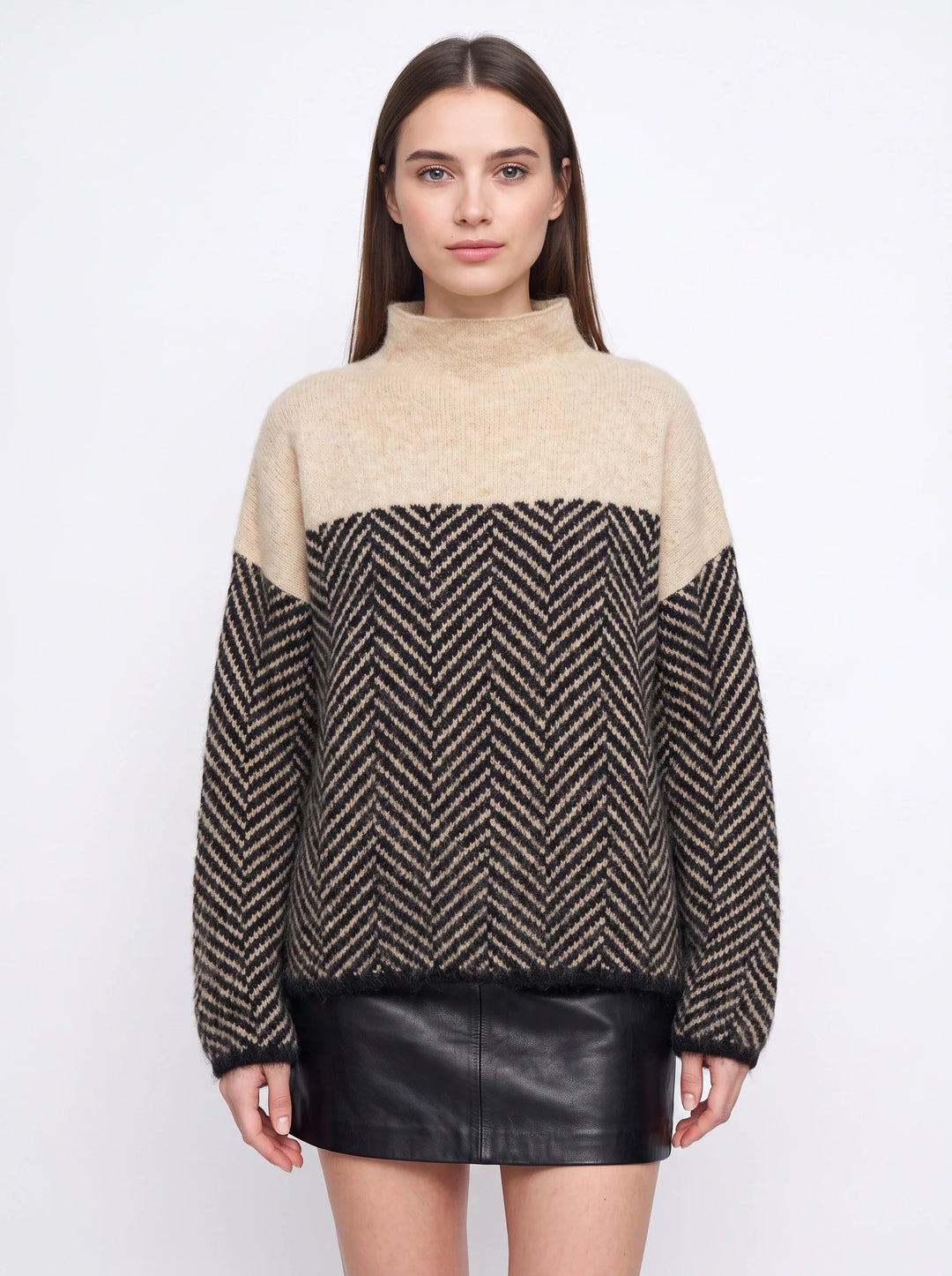 Women's Oversized Chevron Knit Mock Neck Sweater
