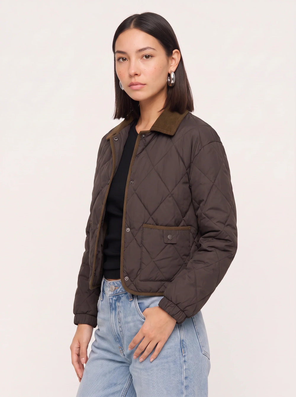 Women's Casual Quilted Cropped Puffer Jacket with Corduroy Collar