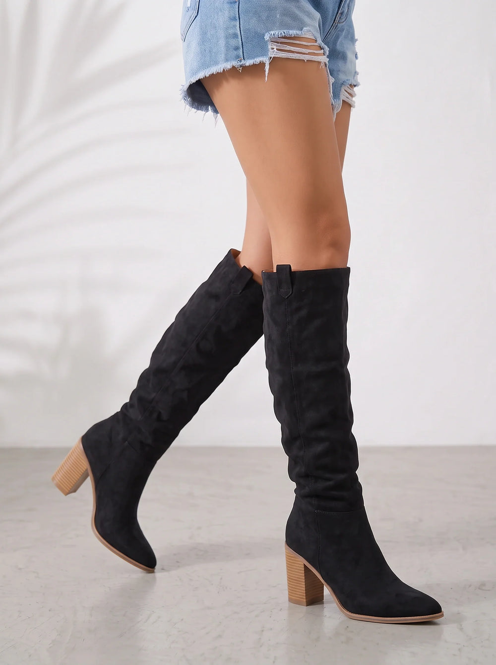 Women's Stylish Suede Rouched Slouch Knee-High Boots with Block Heel