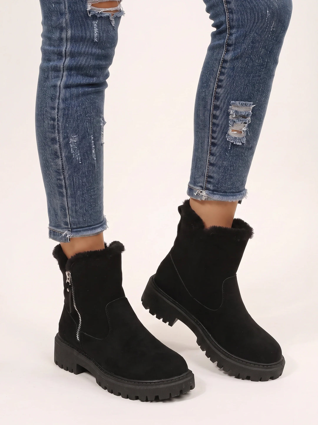 Women's Stylish Faux Fur Ankle Boots with Lug Sole and Zip