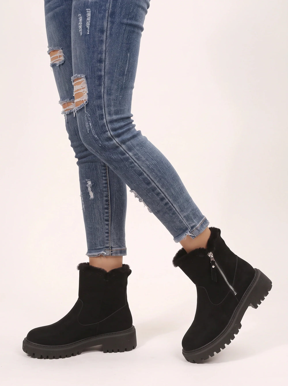 Women's Stylish Faux Fur Ankle Boots with Lug Sole and Zip