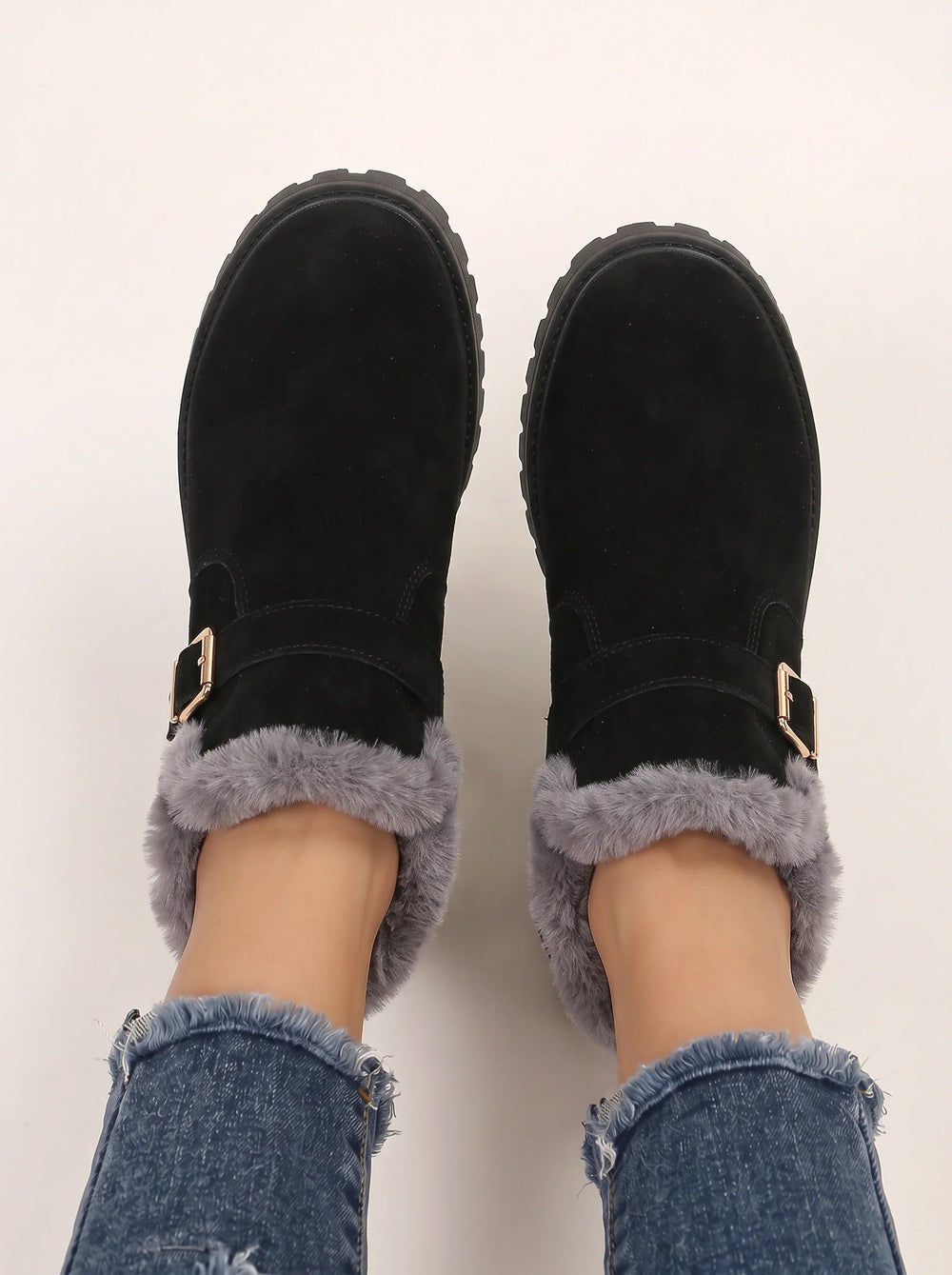 Women's Casual Suede Ankle Boots with Faux Fur Trim and Buckle Strap