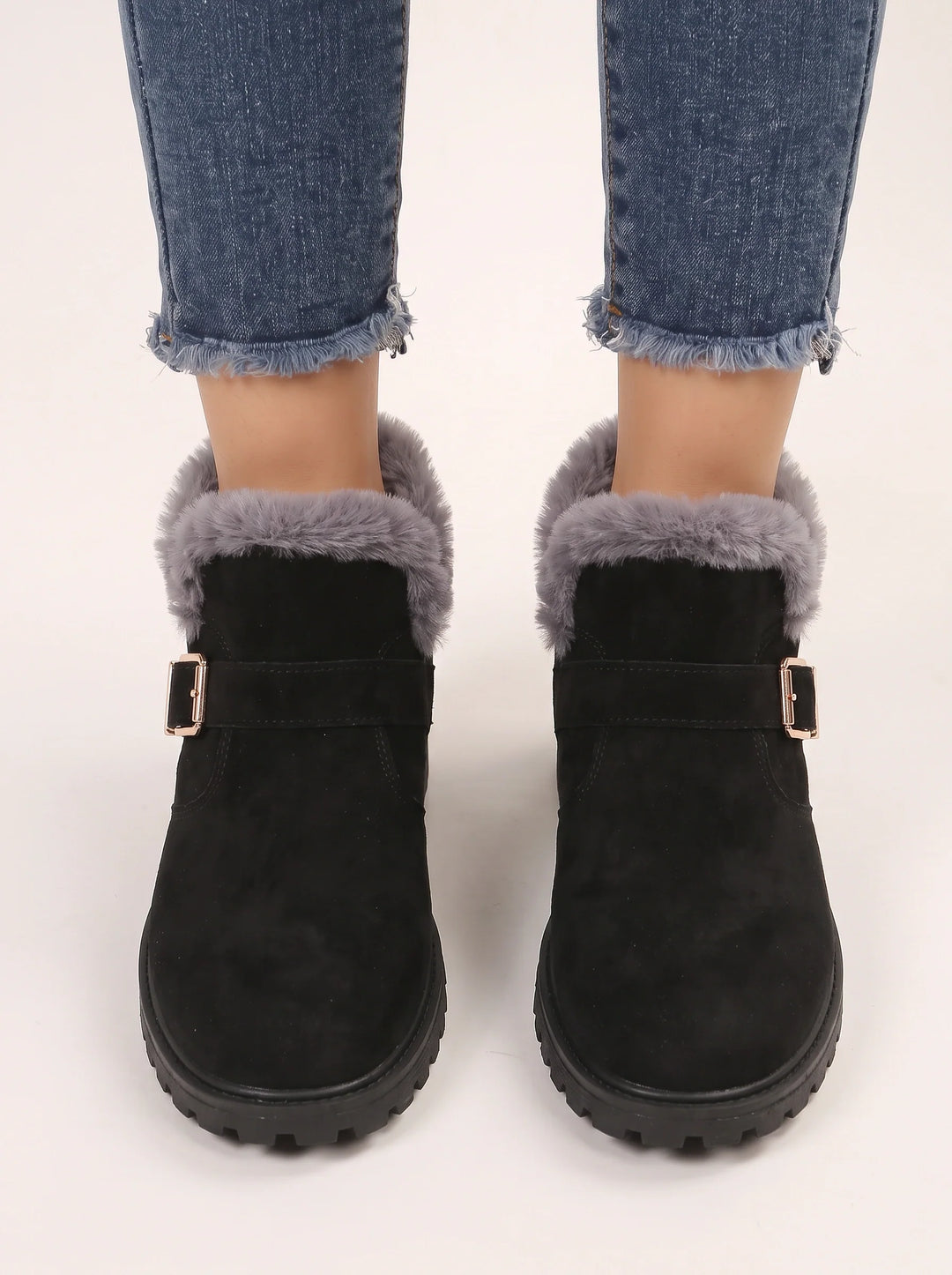 Women's Casual Suede Ankle Boots with Faux Fur Trim and Buckle Strap