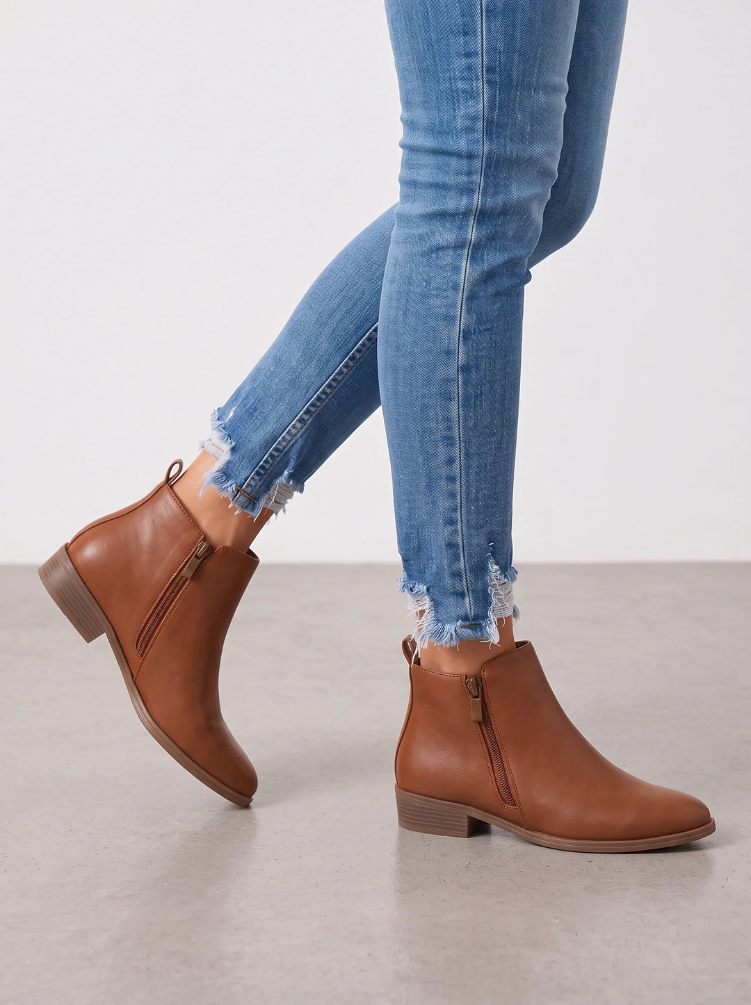 Women's Casual Leather Side Zip Ankle Boots with Kitten Heels